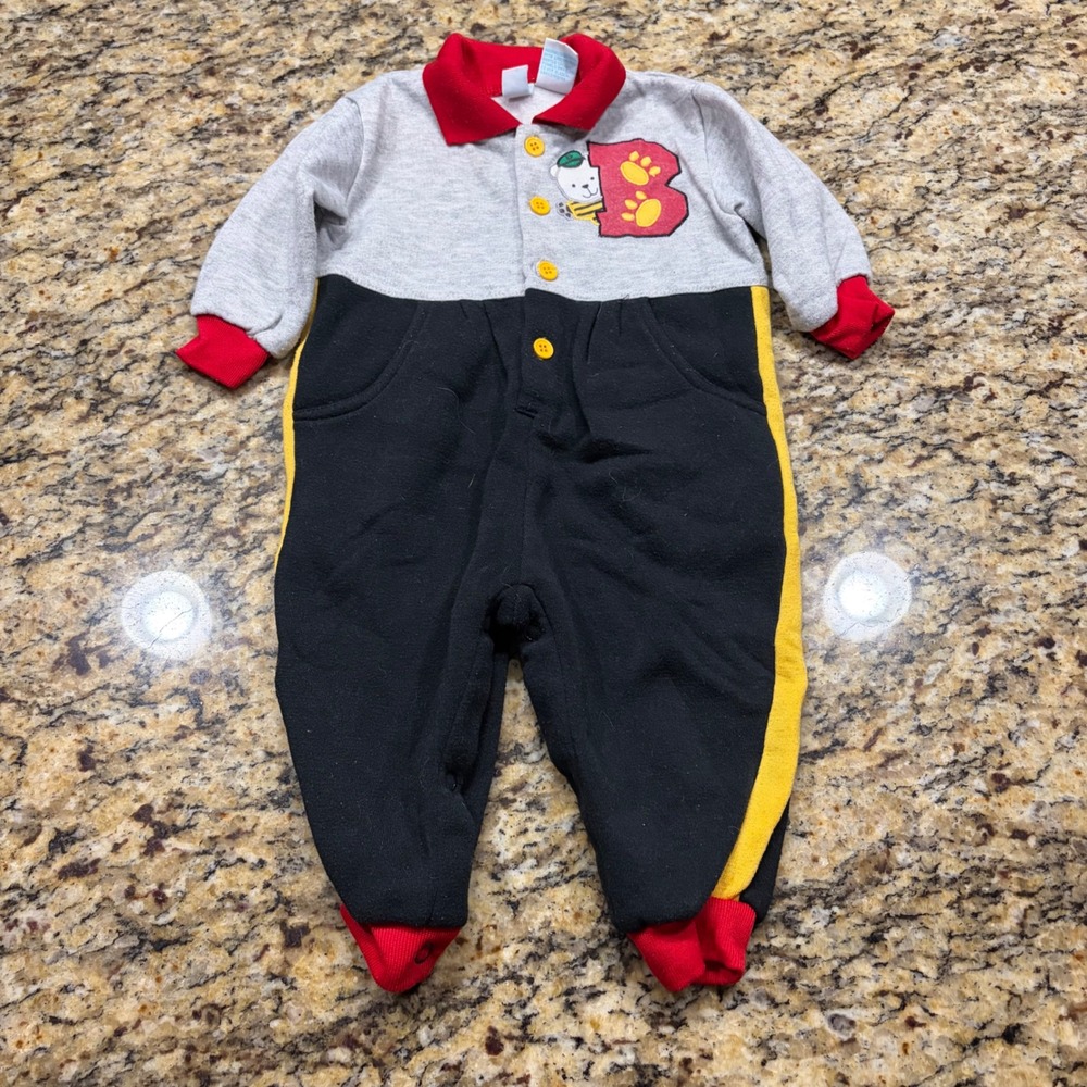 Little Miracles Boy Coverall Bear Patch Grey Black Red Yellow Size 6/9M